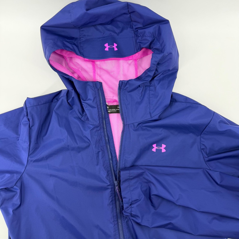 Under Armour Windbreaker Women Large Purple Pink Hooded Mesh Lined Zip Jacket